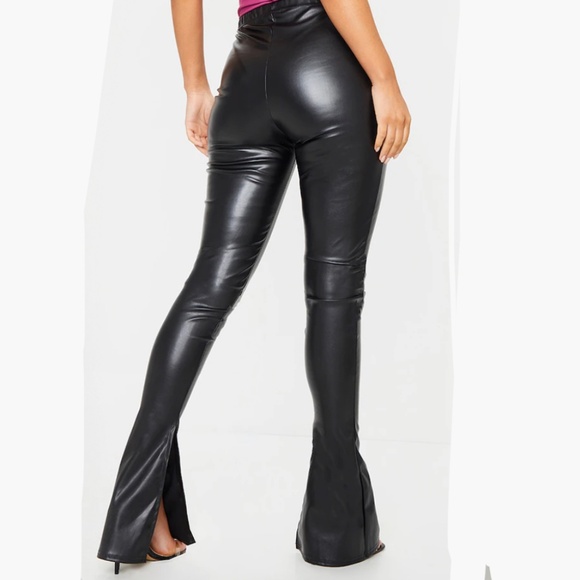 PrettyLittleThing | Shiny Black Leather Kick Flare Pants - Picture 1 of 7